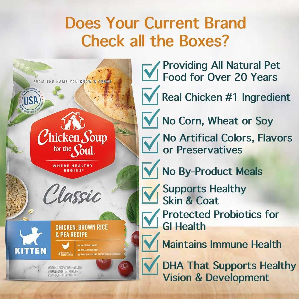Chicken Soup for the Soul All-Natural Premium Dry Kitten Food with Real Meat as the First Ingredient, No By-Products, Supports Brain and Vision Development, Chicken, Brown Rice, and Pea, 4.5 lbs