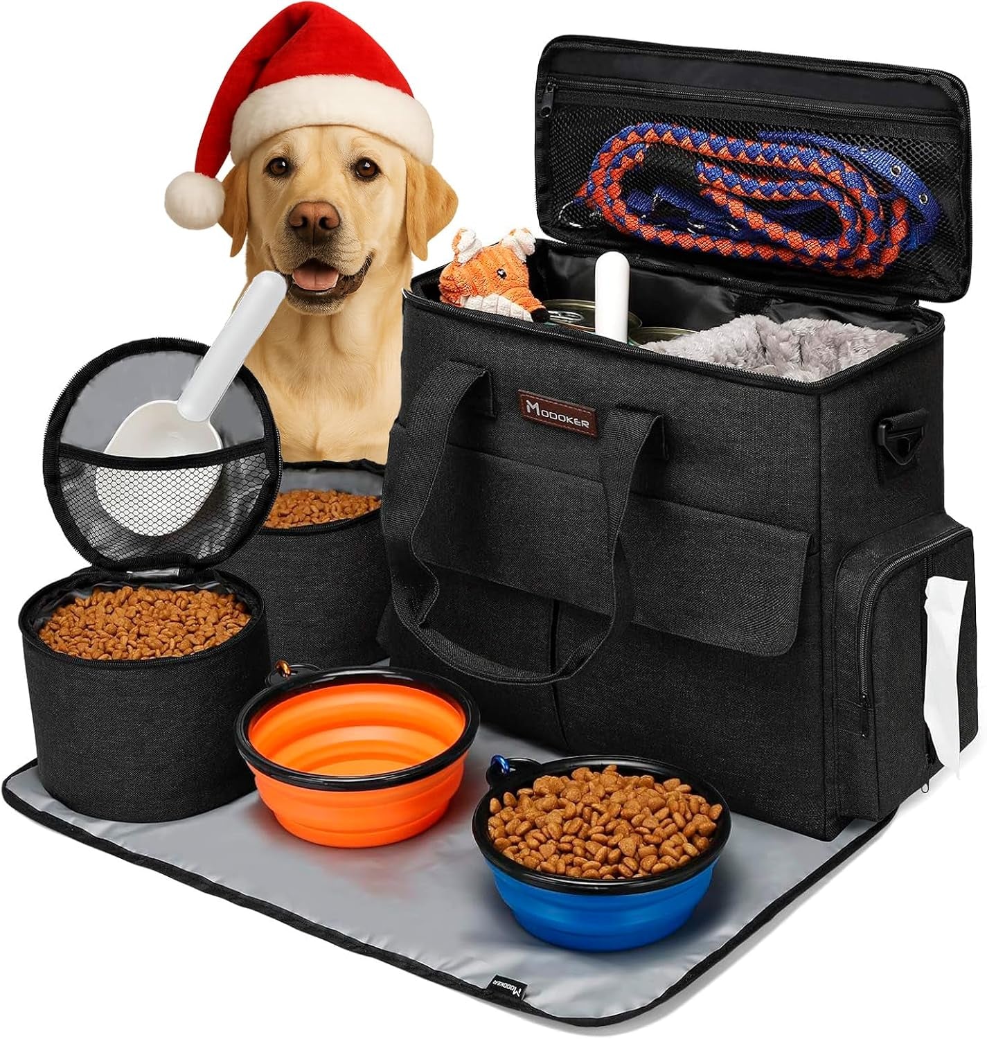 Modoker Dog Travel Bag - Complete Weekend Travel Kit with Organizer, Collapsible Bowls, and Food Containers (Black)