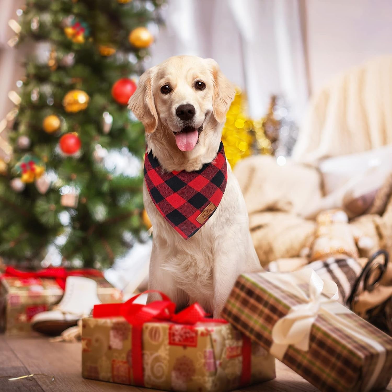 Celebrate the Season with Malier's Reversible Christmas Classic Buffalo Red Plaid Dog Bandanas - 2 Pack for Stylish Pets of All Sizes