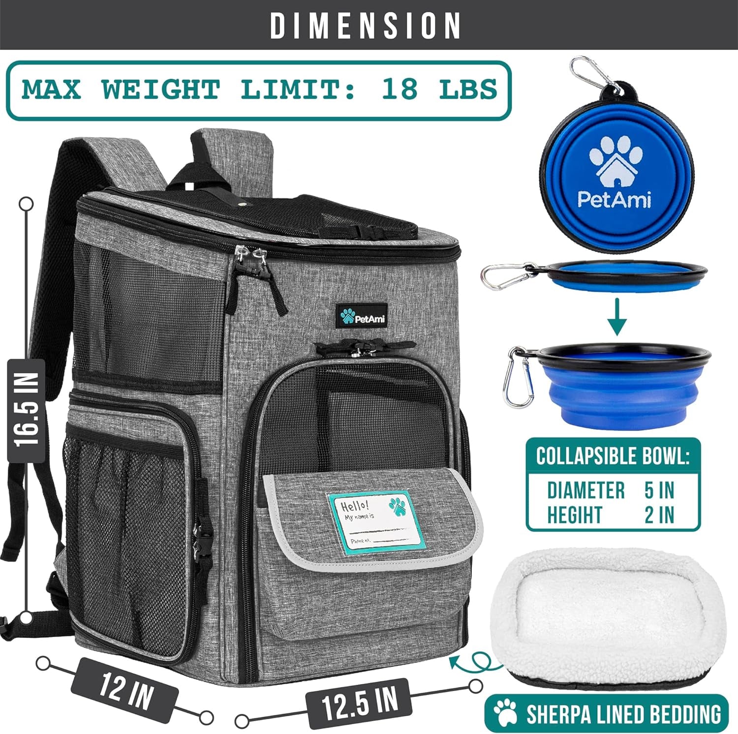 Petami Airline Approved Dog and Cat Backpack Carrier, Ventilated Soft-Sided Pet Carrier for Travel, Hiking, and Camping, Supports Pets Up to 18 lbs, Black