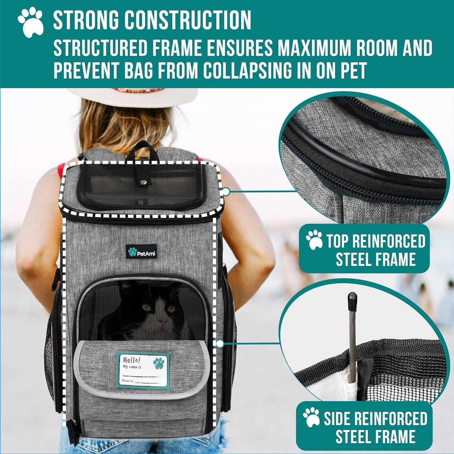 Petami Airline Approved Dog and Cat Backpack Carrier, Ventilated Soft-Sided Pet Carrier for Travel, Hiking, and Camping, Supports Pets Up to 18 lbs, Black