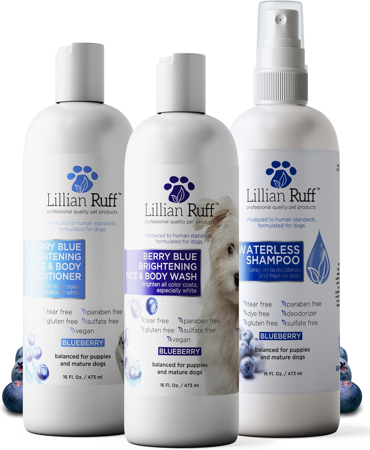 Lillian Ruff Professional Formula Berry Blue Brilliance Bundle - Comprehensive Tear Stain and Odor Eliminator Set, Featuring Berry Blue Shampoo, Conditioner, and Waterless Shampoo for Hydration, Softening, and Detangling, Made in the USA