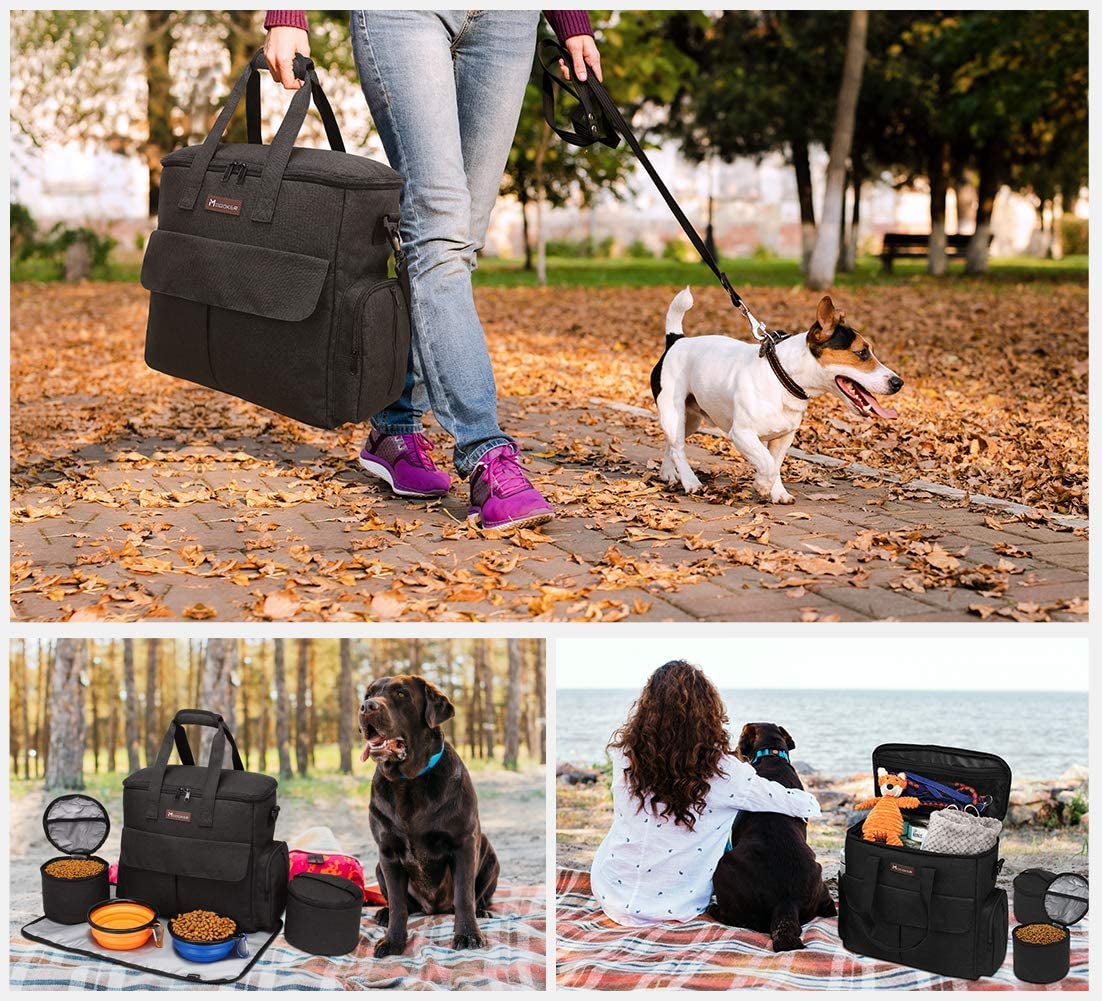 Modoker Dog Travel Bag - Complete Weekend Travel Kit with Organizer, Collapsible Bowls, and Food Containers (Black)