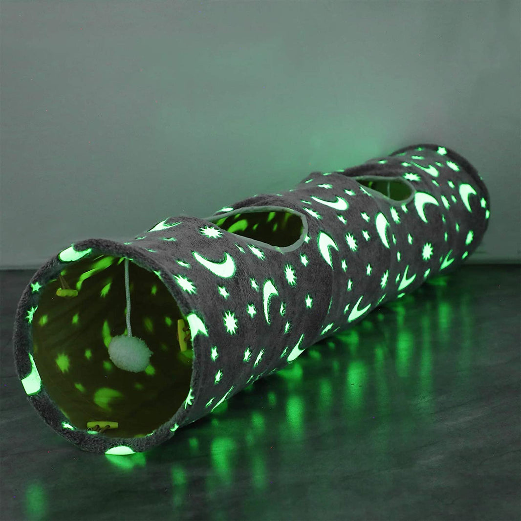 LUCKITTY Collapsible Cat Tunnel with Plush Ball Toys, Photoluminescent Design for Small Pets including Kittens, Rabbits, Ferrets, and Puppies - Grey Moon and Star Theme