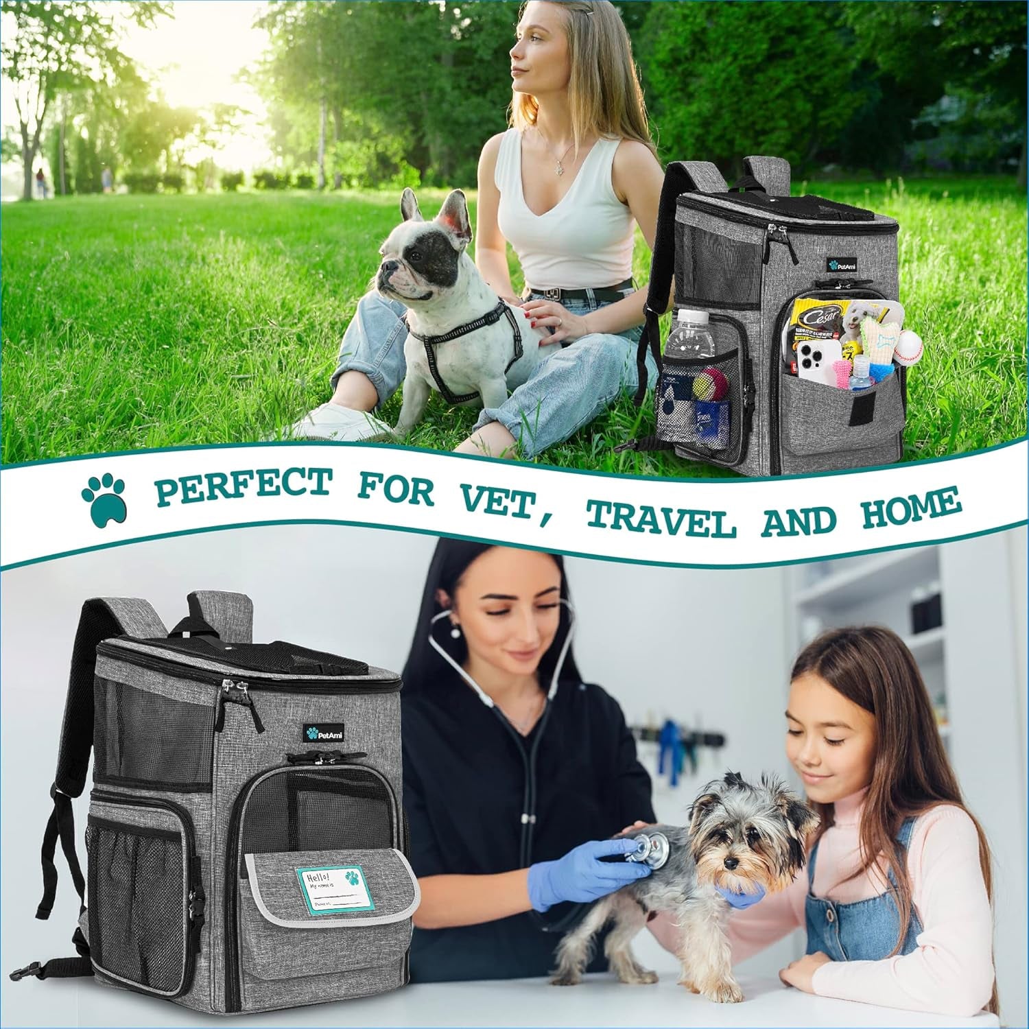 Petami Airline-Approved Dog and Cat Backpack Carrier, Ventilated Soft-Sided Design for Travel, Hiking, and Camping, Supports Pets Up to 18 lbs, Heather Gray