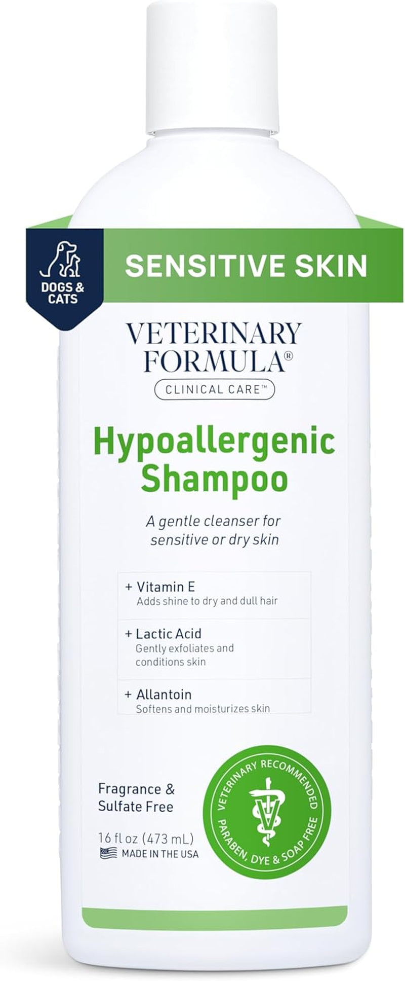 Veterinary Formula Clinical Care Hypoallergenic Shampoo for Dogs and Cats, 16 oz - Gentle, Fragrance-Free Formula for Allergies and Sensitive Skin, Promotes Healthy Skin and Coat