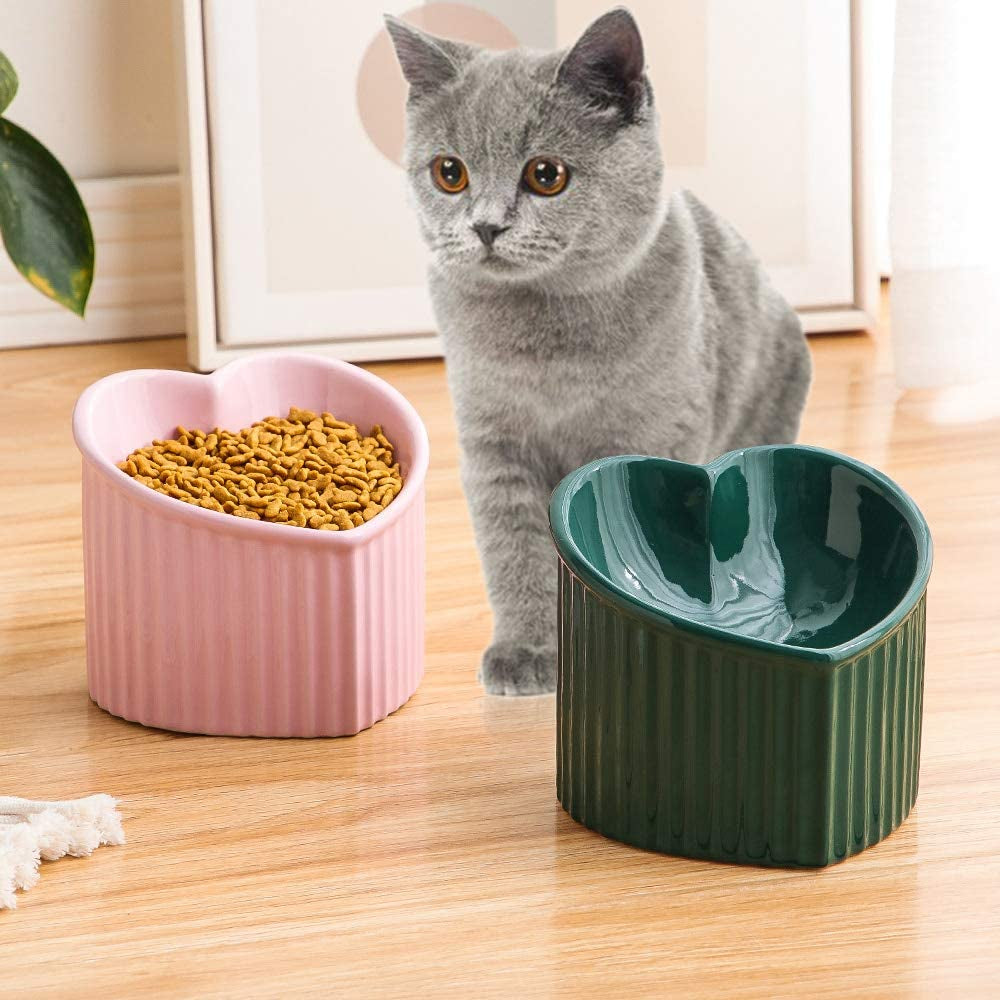 Dark Green Ceramic Elevated Cat Bowls for Food and Water, Stress-Free Design with Backflow Prevention, Dishwasher and Microwave Safe, Lead and Cadmium Free
