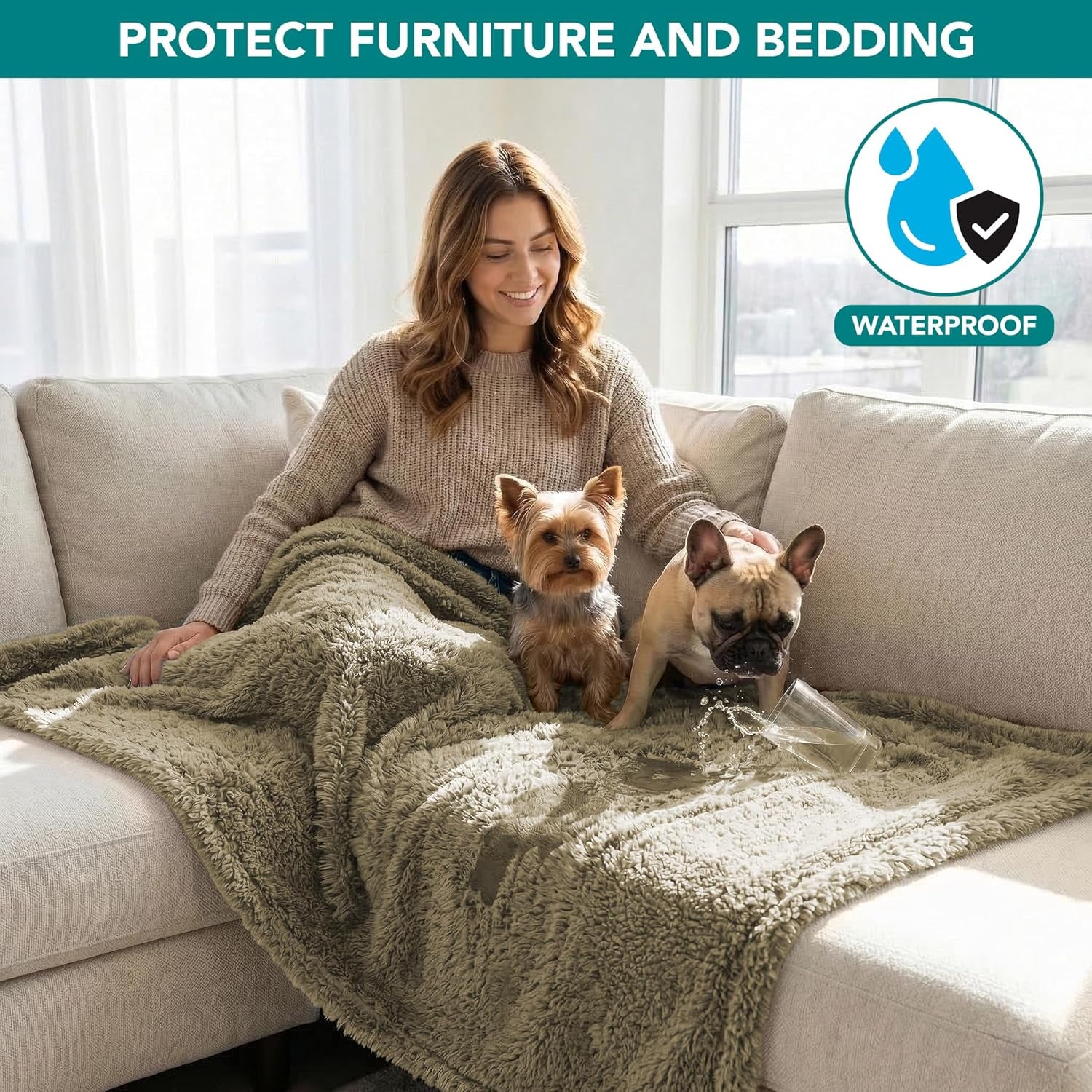 Petami Waterproof Fluffy Dog Blanket - Soft Sherpa Throw for Small to Medium Dogs, Reversible Couch Cover and Sofa Protector, Washable Plush Pad (Light Grey, 24x32)