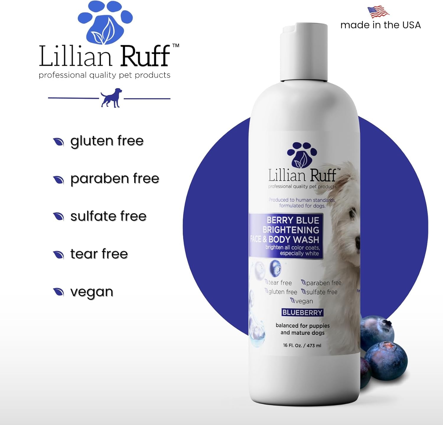 Lillian Ruff Professional Formula Berry Blue Brilliance Bundle - Comprehensive Tear Stain and Odor Eliminator Set, Featuring Berry Blue Shampoo, Conditioner, and Waterless Shampoo for Hydration, Softening, and Detangling, Made in the USA