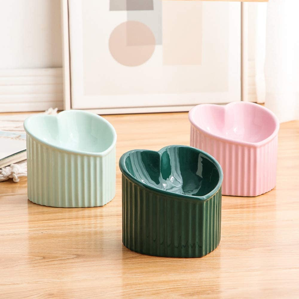 Dark Green Ceramic Elevated Cat Bowls for Food and Water, Stress-Free Design with Backflow Prevention, Dishwasher and Microwave Safe, Lead and Cadmium Free