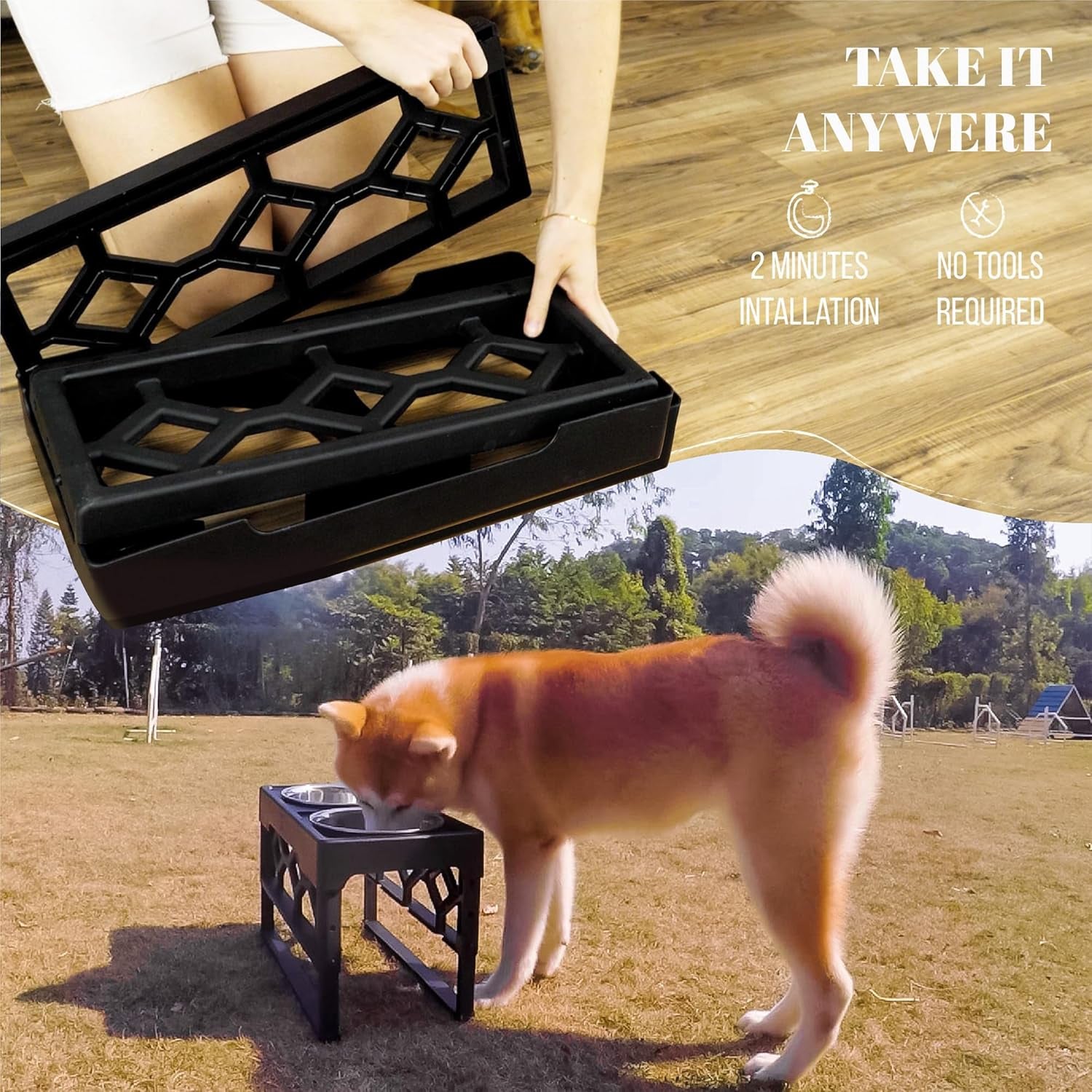 Elevated Large Dog Bowl Set with Adjustable Height Stand and Stainless Steel Bowls - Anti-Slip Feeding Station for Medium to Large Breeds
