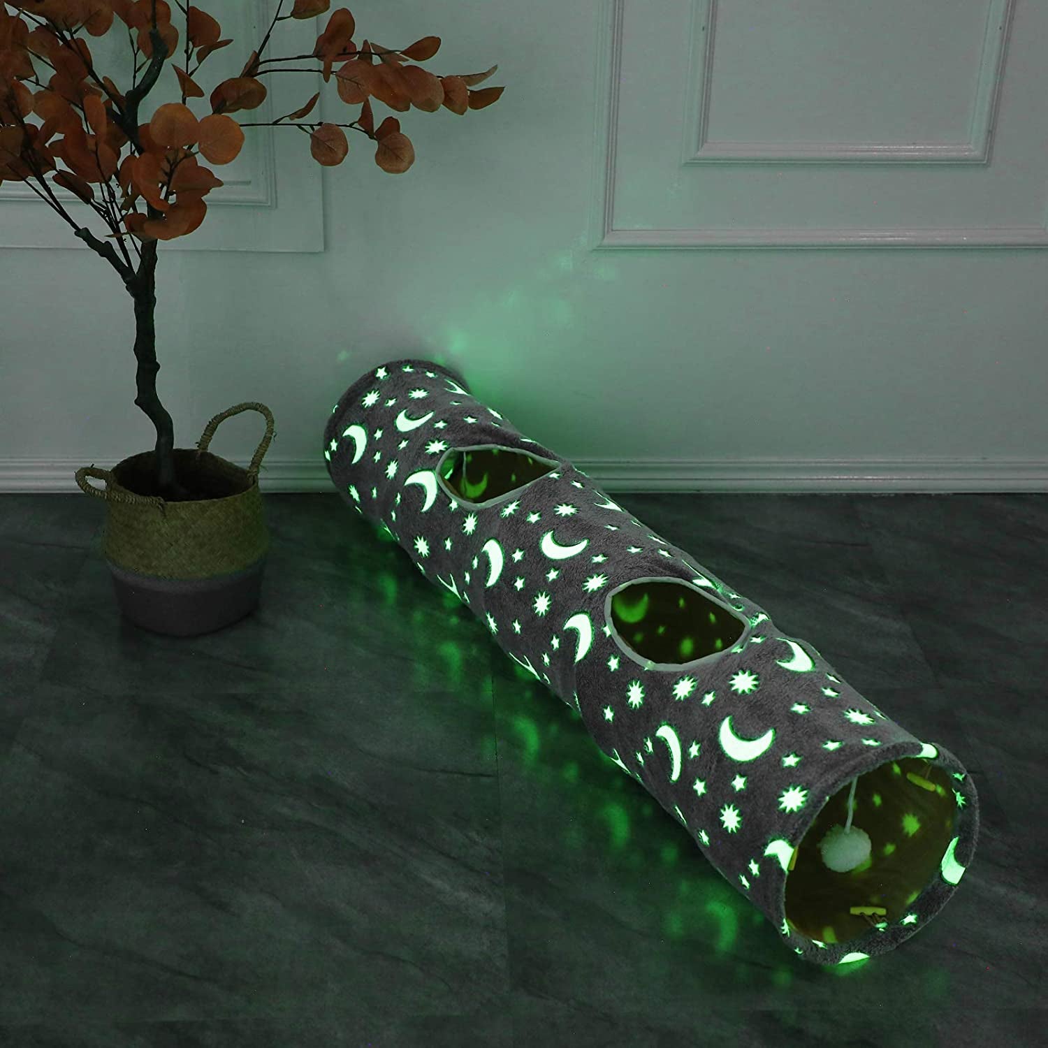LUCKITTY Collapsible Cat Tunnel with Plush Ball Toys, Photoluminescent Design for Small Pets including Kittens, Rabbits, Ferrets, and Puppies - Grey Moon and Star Theme