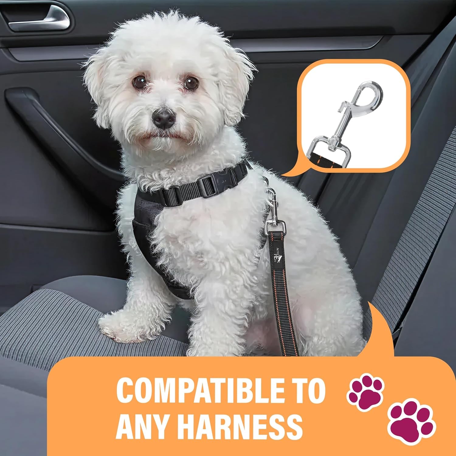 Active Pets Adjustable Orange Dog Car Seat Belt, Compatible with Harnesses and Collars, 18