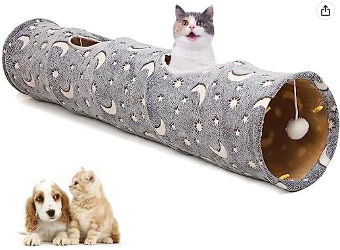 LUCKITTY Collapsible Cat Tunnel with Plush Ball Toys, Photoluminescent Design for Small Pets including Kittens, Rabbits, Ferrets, and Puppies - Grey Moon and Star Theme