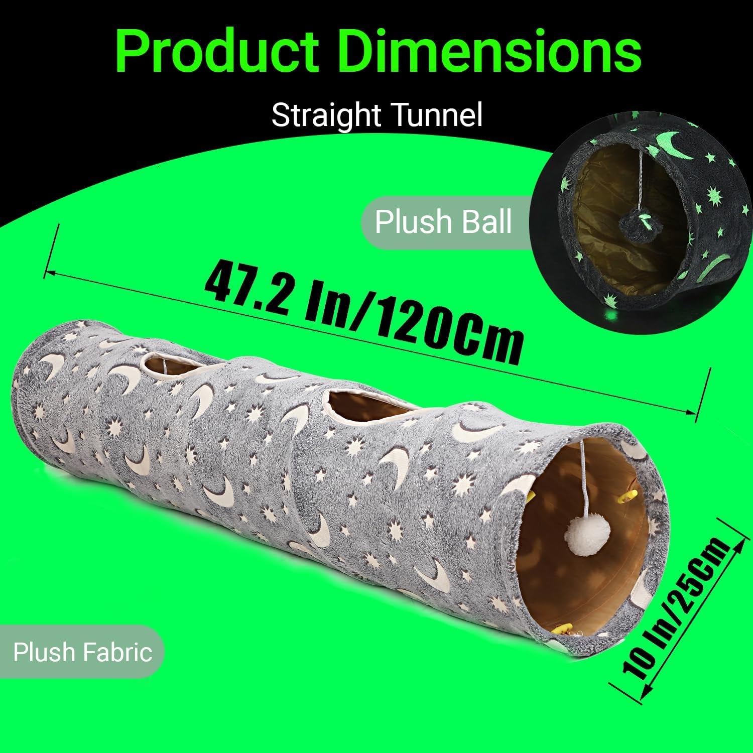 LUCKITTY Collapsible Cat Tunnel with Plush Ball Toys, Photoluminescent Design for Small Pets including Kittens, Rabbits, Ferrets, and Puppies - Grey Moon and Star Theme