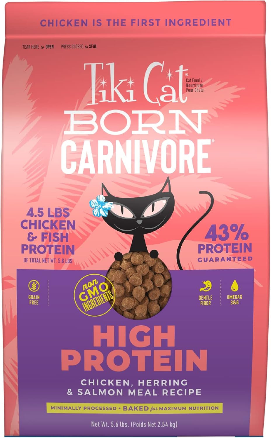 Tiki Cat Born Carnivore High Protein Grain-Free Baked Kibble with Chicken, Herring, and Salmon Meal for Optimal Nutrition, 5.6 lbs.