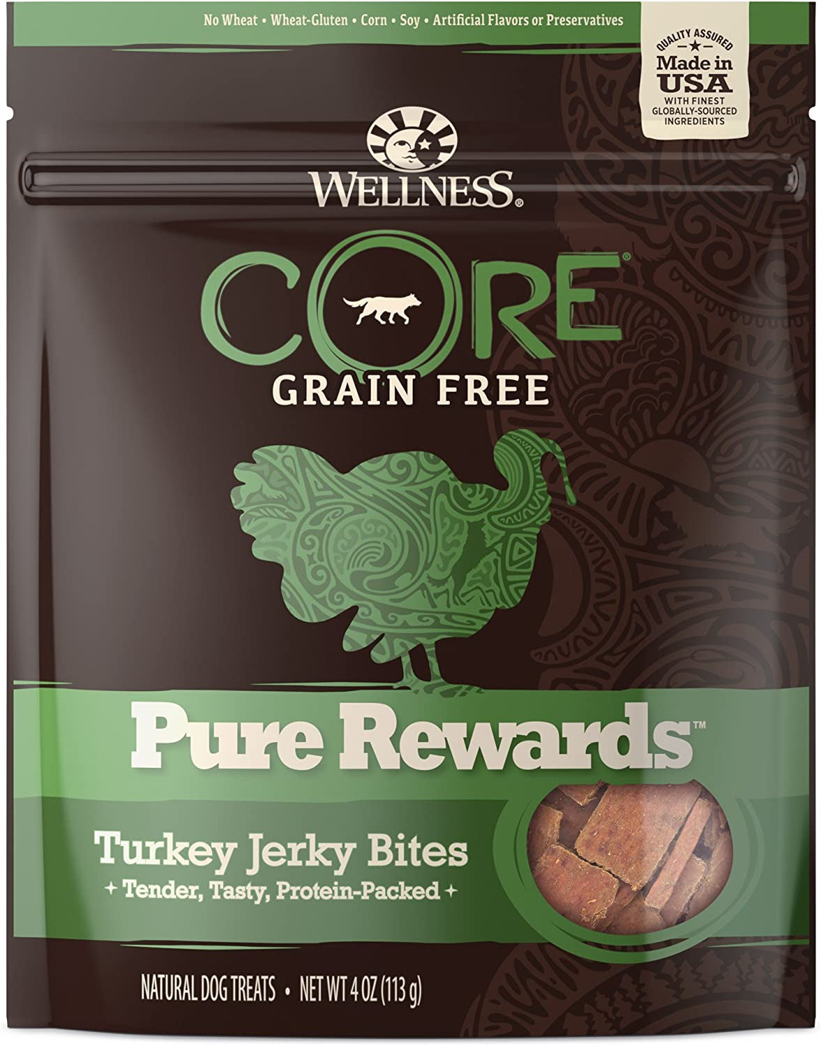 Wellness CORE Pure Rewards Grain-Free Tender Jerky Treats - Turkey Recipe, 4 oz Bag, Made in the USA