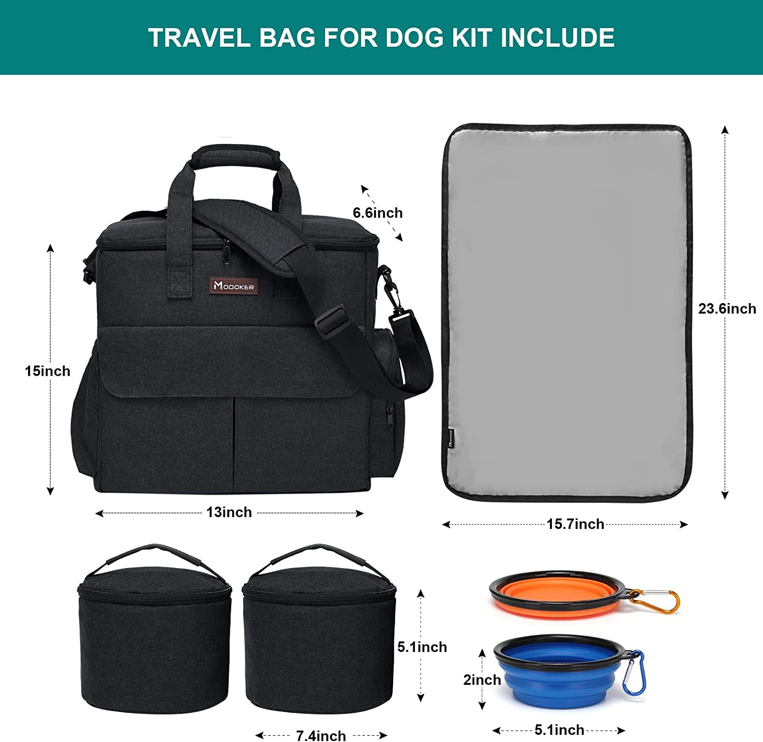 Modoker Dog Travel Bag - Complete Weekend Travel Kit with Organizer, Collapsible Bowls, and Food Containers (Black)