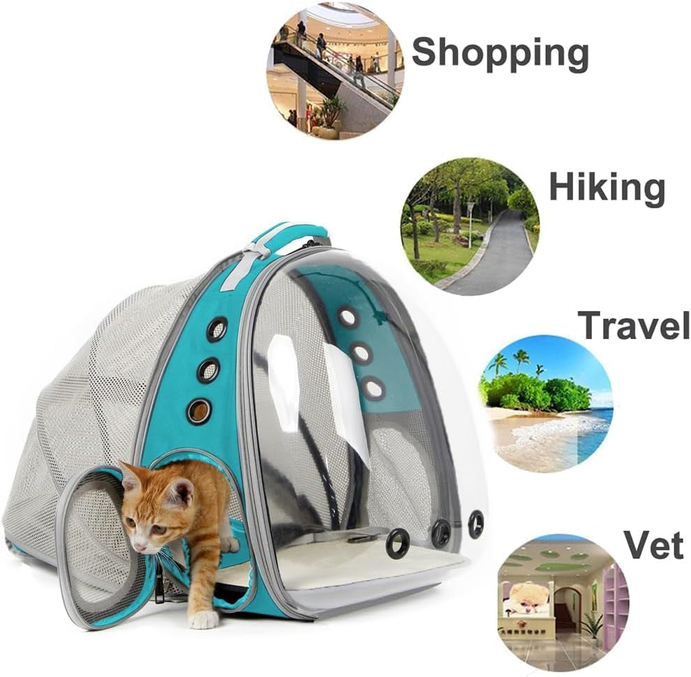 Cat Travel Backpack with Integrated Fan, Accommodates Pets up to 12 lbs, Space Capsule Design with Clear Bubble Window, Ideal for Kittens and Small Puppies, Green
