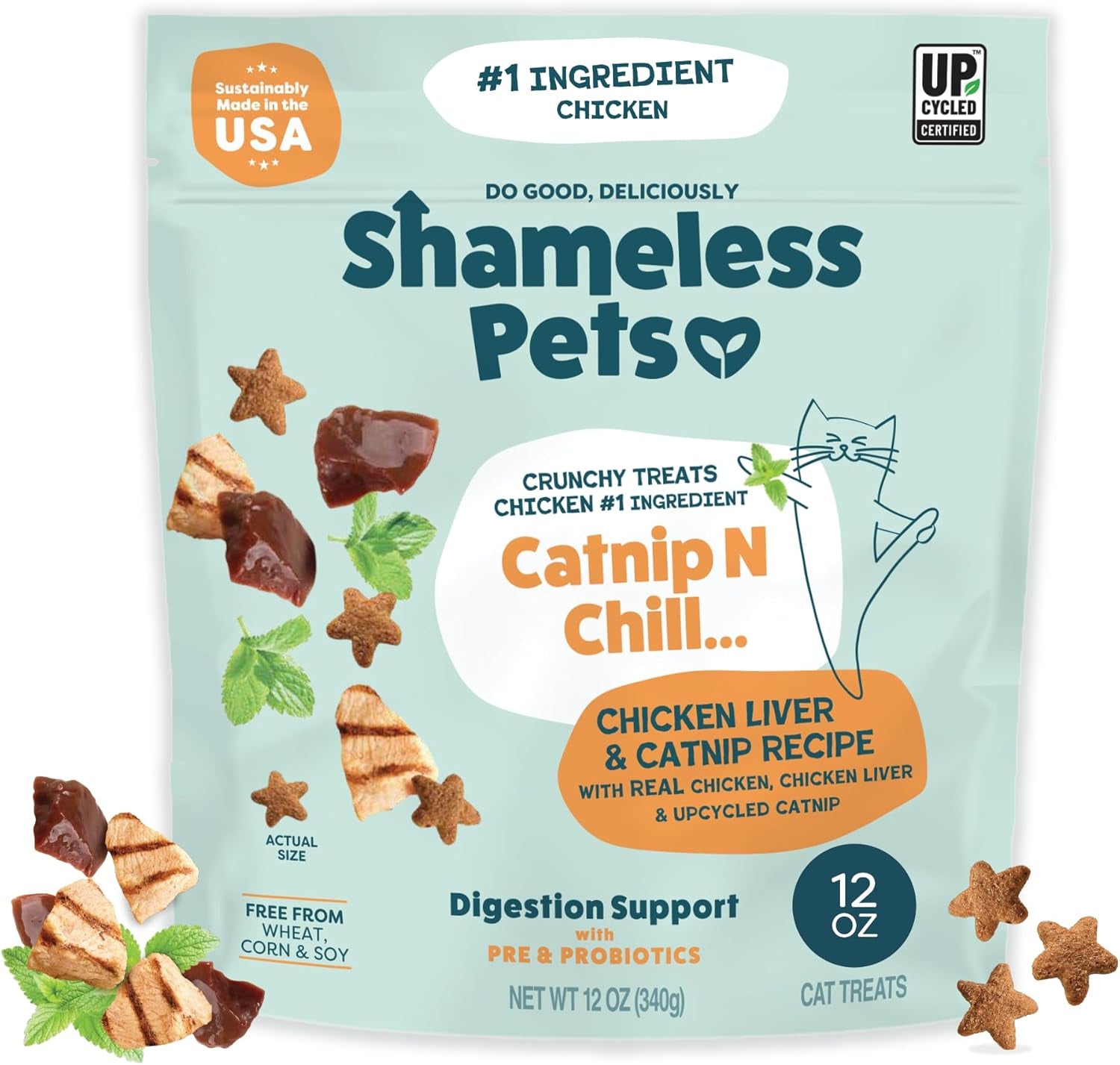 Shameless Pets Crunchy Cat Treats - Natural Catnip Snacks with Digestive Support and Real Ingredients for Kittens, Catnip N Chill Chicken Liver Flavor, 12 Oz