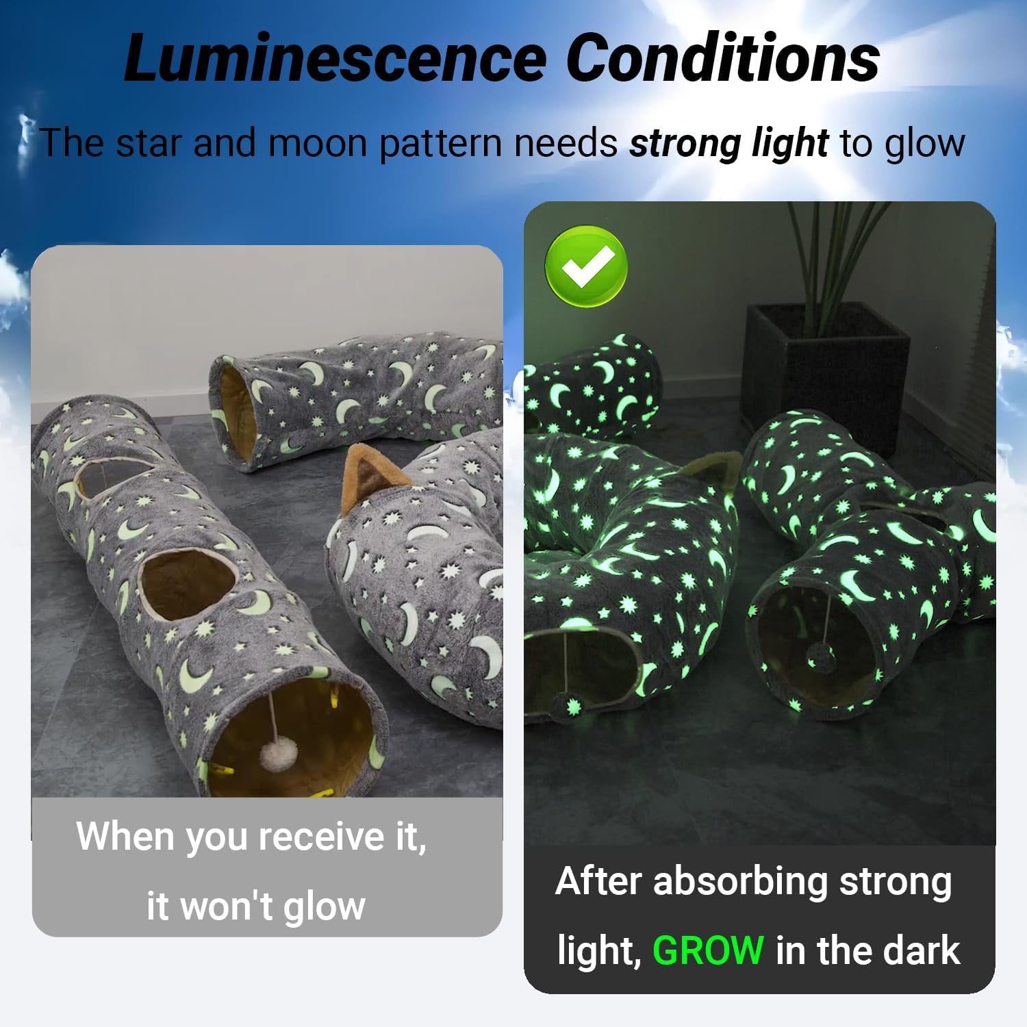 LUCKITTY Collapsible Cat Tunnel with Plush Ball Toys, Photoluminescent Design for Small Pets including Kittens, Rabbits, Ferrets, and Puppies - Grey Moon and Star Theme