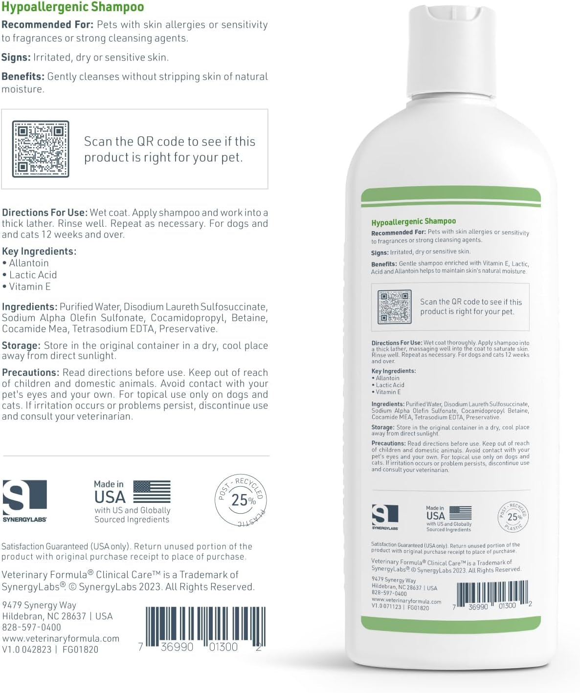 Veterinary Formula Clinical Care Hypoallergenic Shampoo for Dogs and Cats, 16 oz - Gentle, Fragrance-Free Formula for Allergies and Sensitive Skin, Promotes Healthy Skin and Coat