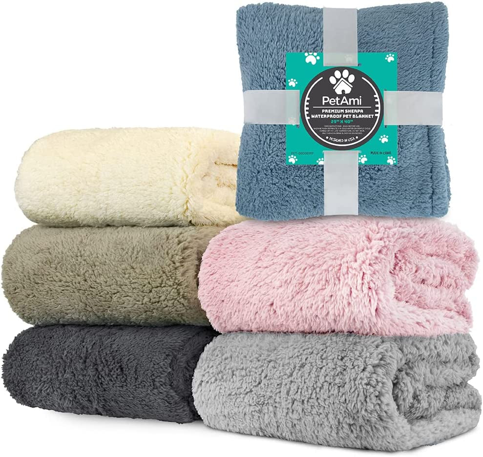 Petami Waterproof Fluffy Dog Blanket - Soft Sherpa Throw for Small to Medium Dogs, Reversible Couch Cover and Sofa Protector, Washable Plush Pad (Light Grey, 24x32)