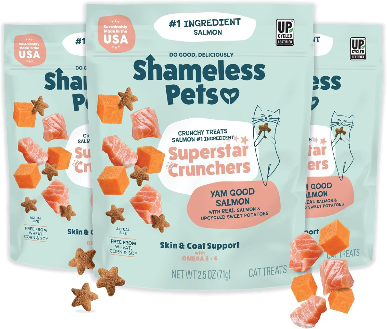 Shameless Pets Crunchy Cat Treats - Natural Salmon and Healthy Yam Flavor, 3-Pack