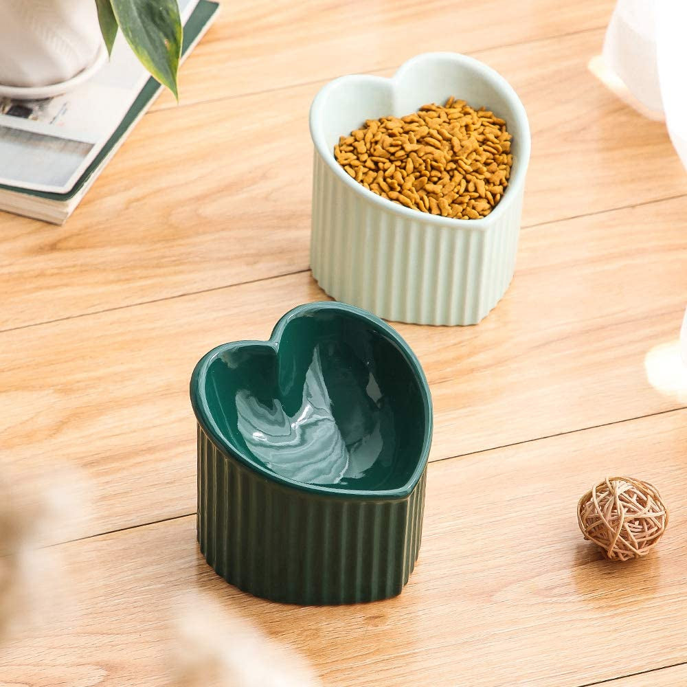 Dark Green Ceramic Elevated Cat Bowls for Food and Water, Stress-Free Design with Backflow Prevention, Dishwasher and Microwave Safe, Lead and Cadmium Free