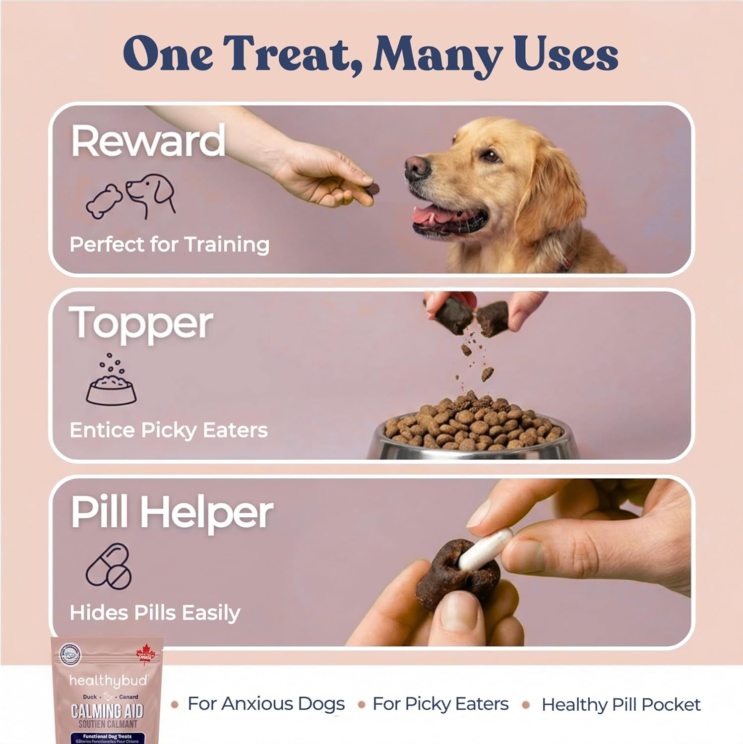 Healthybud Calming Aid: Natural Duck Dog Treats and Toppers for Stress Relief and Separation Anxiety Support (4.6 oz per Pack, 2-Pack)