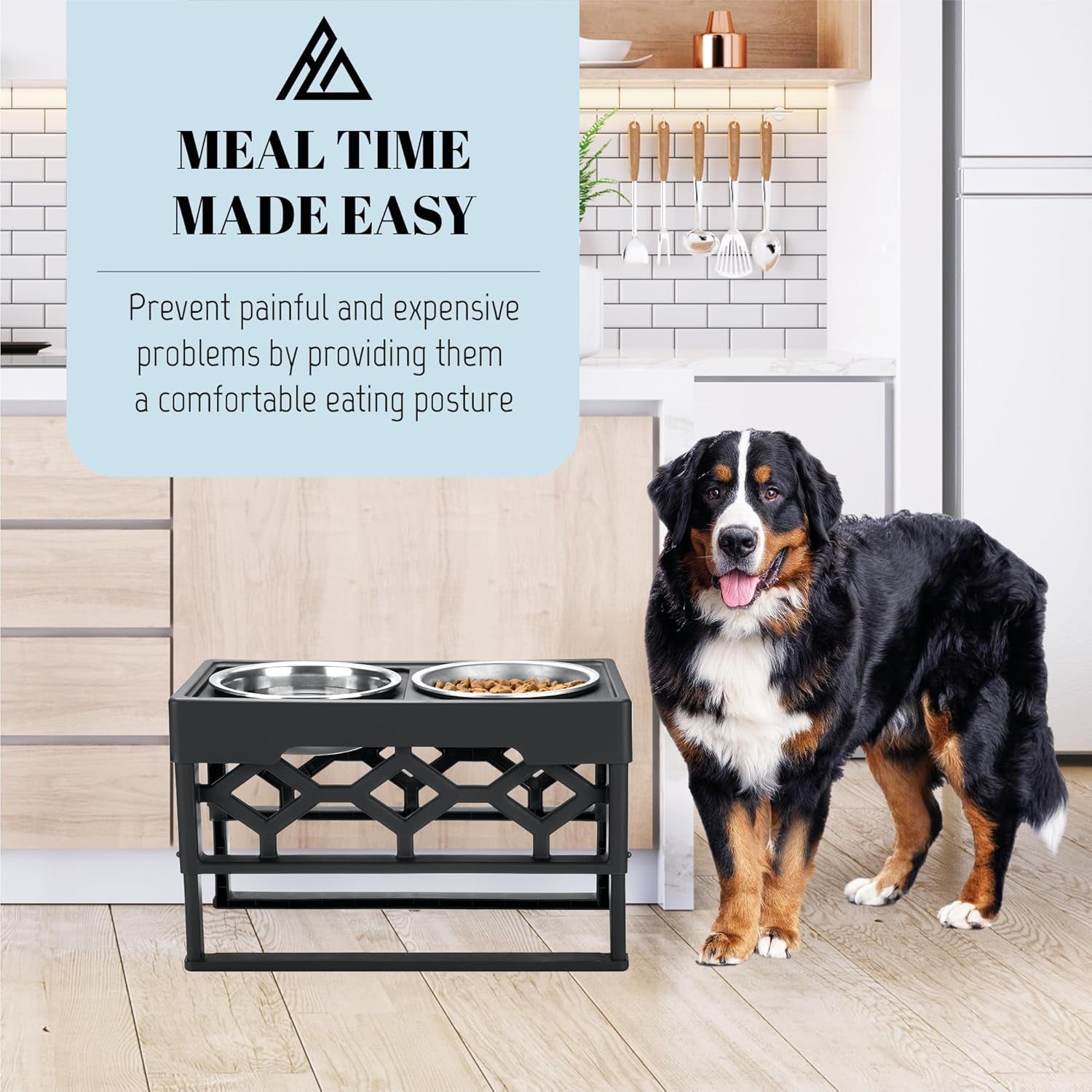 Elevated Large Dog Bowl Set with Adjustable Height Stand and Stainless Steel Bowls - Anti-Slip Feeding Station for Medium to Large Breeds