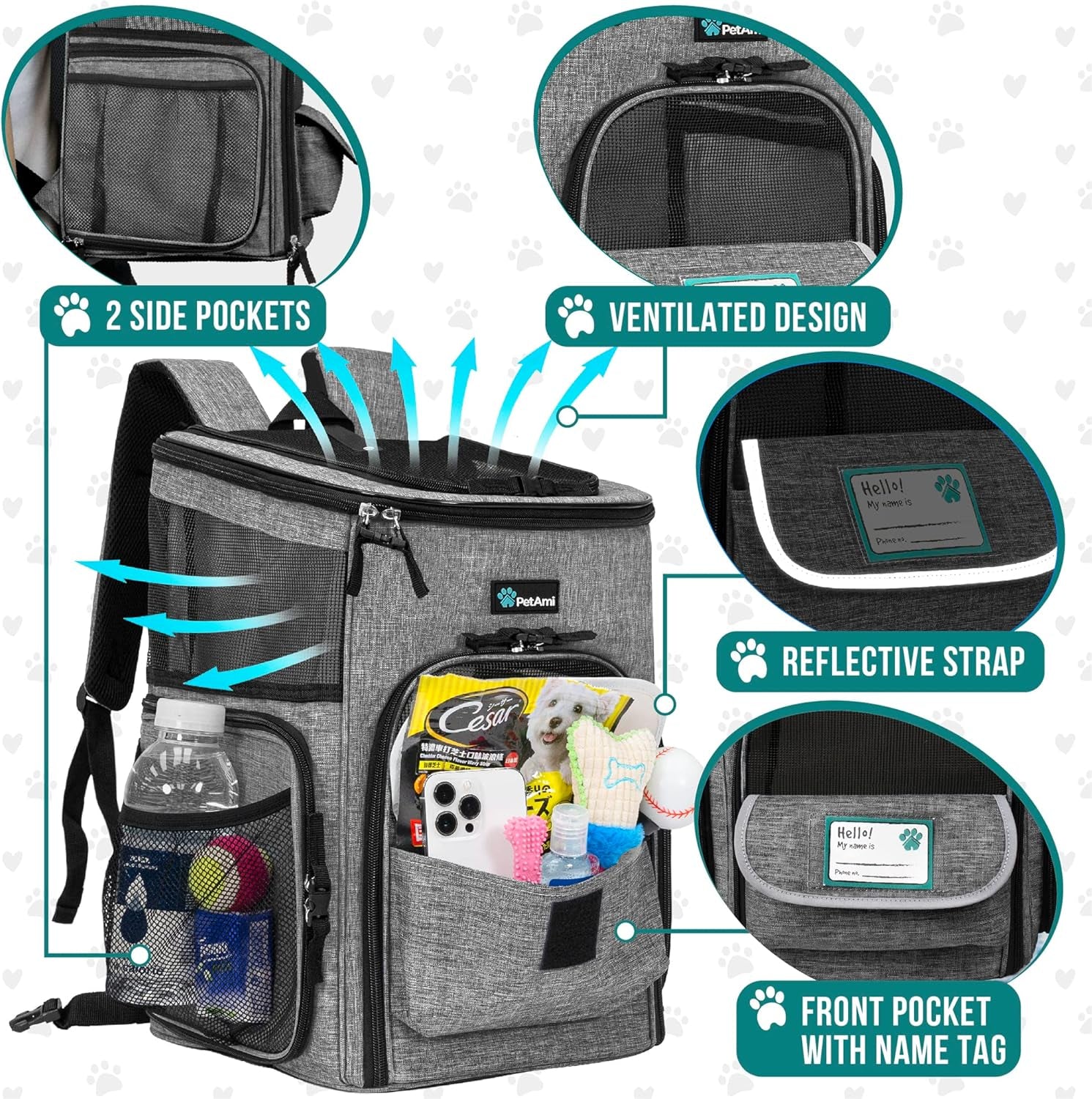 Petami Airline Approved Dog and Cat Backpack Carrier, Ventilated Soft-Sided Pet Carrier for Travel, Hiking, and Camping, Supports Pets Up to 18 lbs, Black