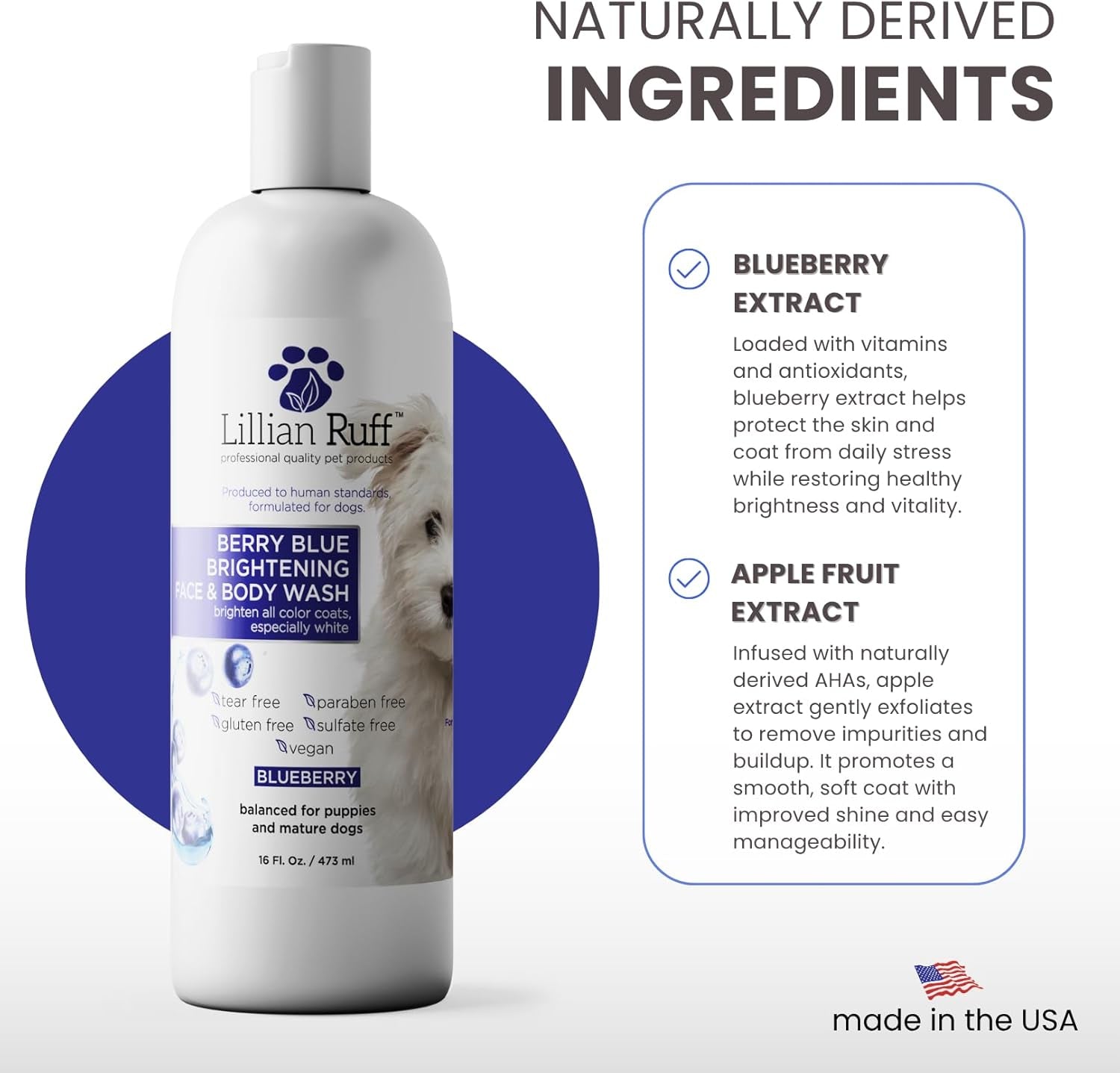 Lillian Ruff Professional Formula Berry Blue Brilliance Bundle - Comprehensive Tear Stain and Odor Eliminator Set, Featuring Berry Blue Shampoo, Conditioner, and Waterless Shampoo for Hydration, Softening, and Detangling, Made in the USA