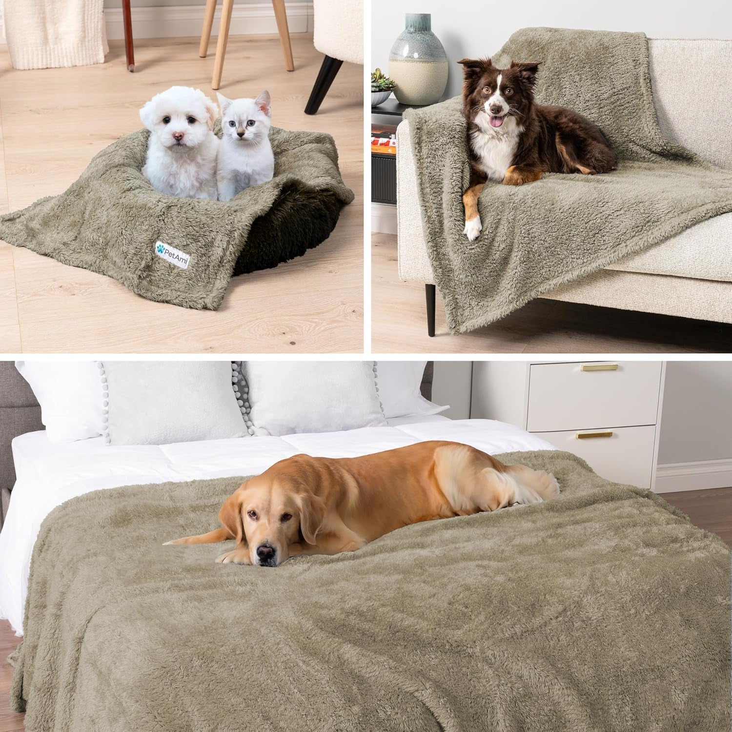 Petami Waterproof Fluffy Dog Blanket - Soft Sherpa Throw for Small to Medium Dogs, Reversible Couch Cover and Sofa Protector, Washable Plush Pad (Light Grey, 24x32)