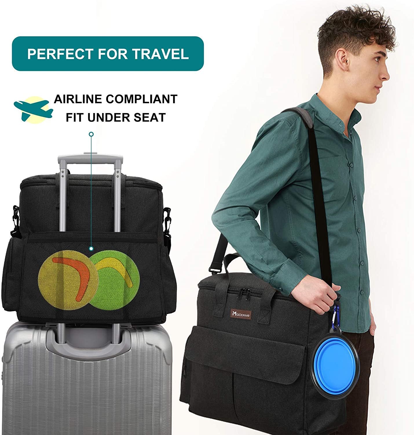 Modoker Dog Travel Bag - Complete Weekend Travel Kit with Organizer, Collapsible Bowls, and Food Containers (Black)