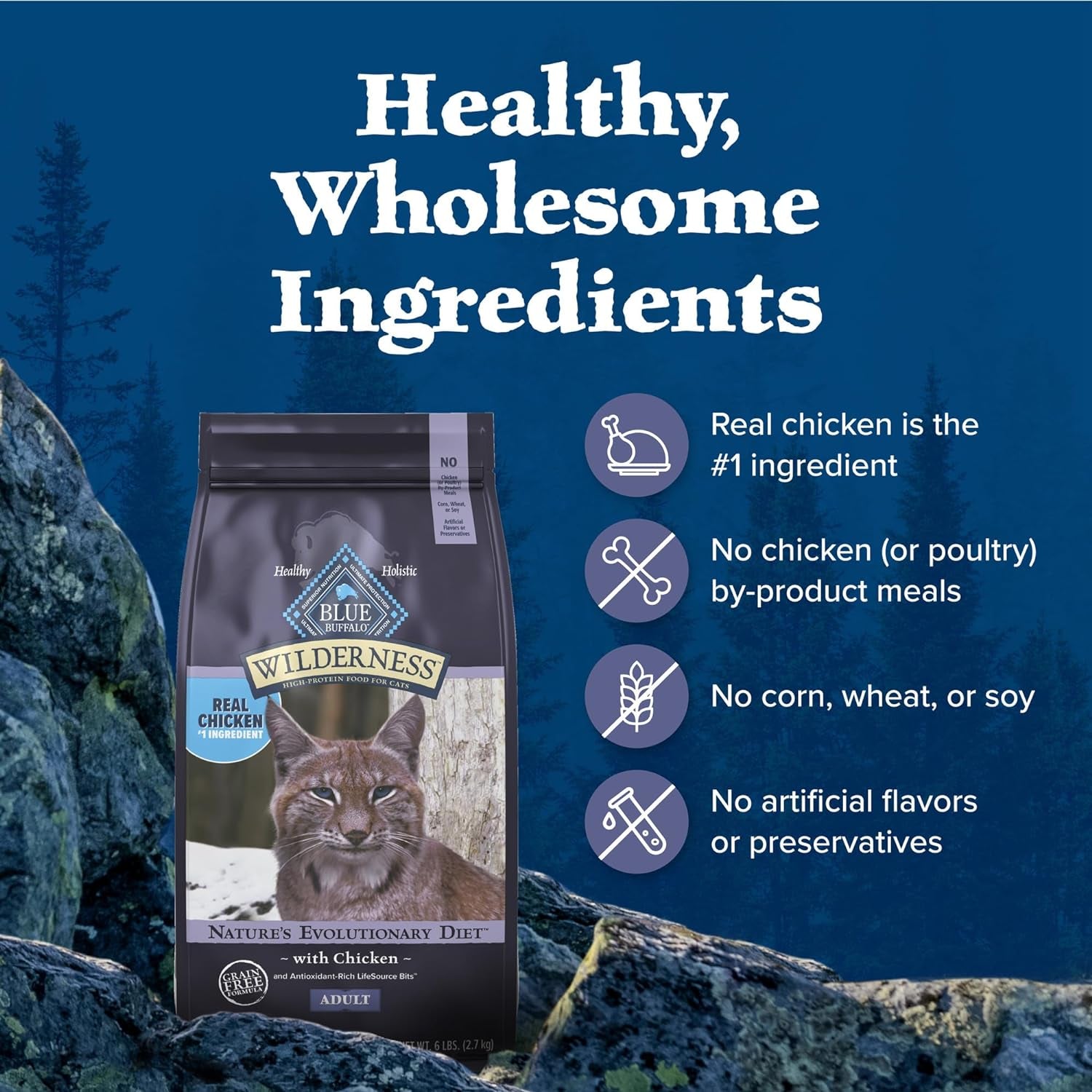 Blue Buffalo Wilderness High-Protein, Grain-Free Natural Dry Cat Food with Chicken for Adults, 6 lb Bag