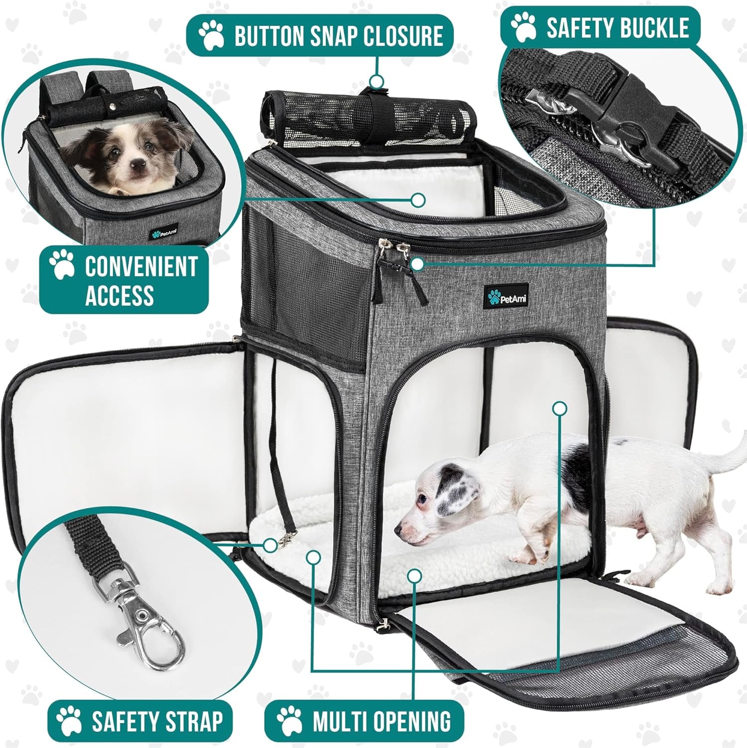 Petami Airline-Approved Dog and Cat Backpack Carrier, Ventilated Soft-Sided Design for Travel, Hiking, and Camping, Supports Pets Up to 18 lbs, Heather Gray