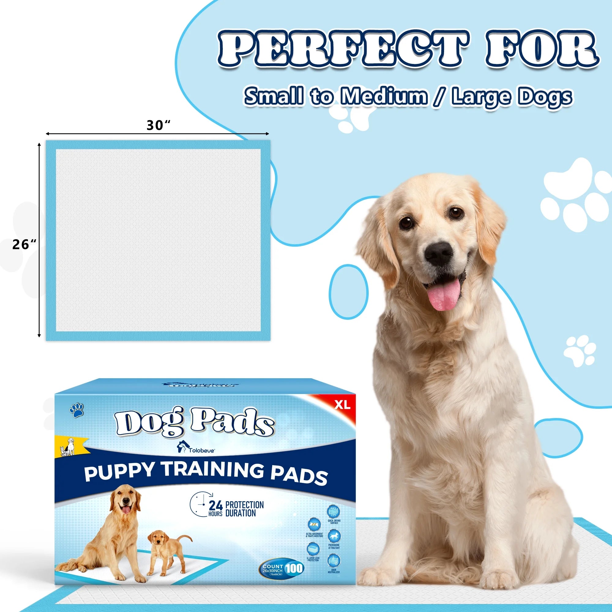 Dog Training Pads, XL, 26 in X 30 In, 100 Count Disposable Dog Pads, Puppy Pee Pads