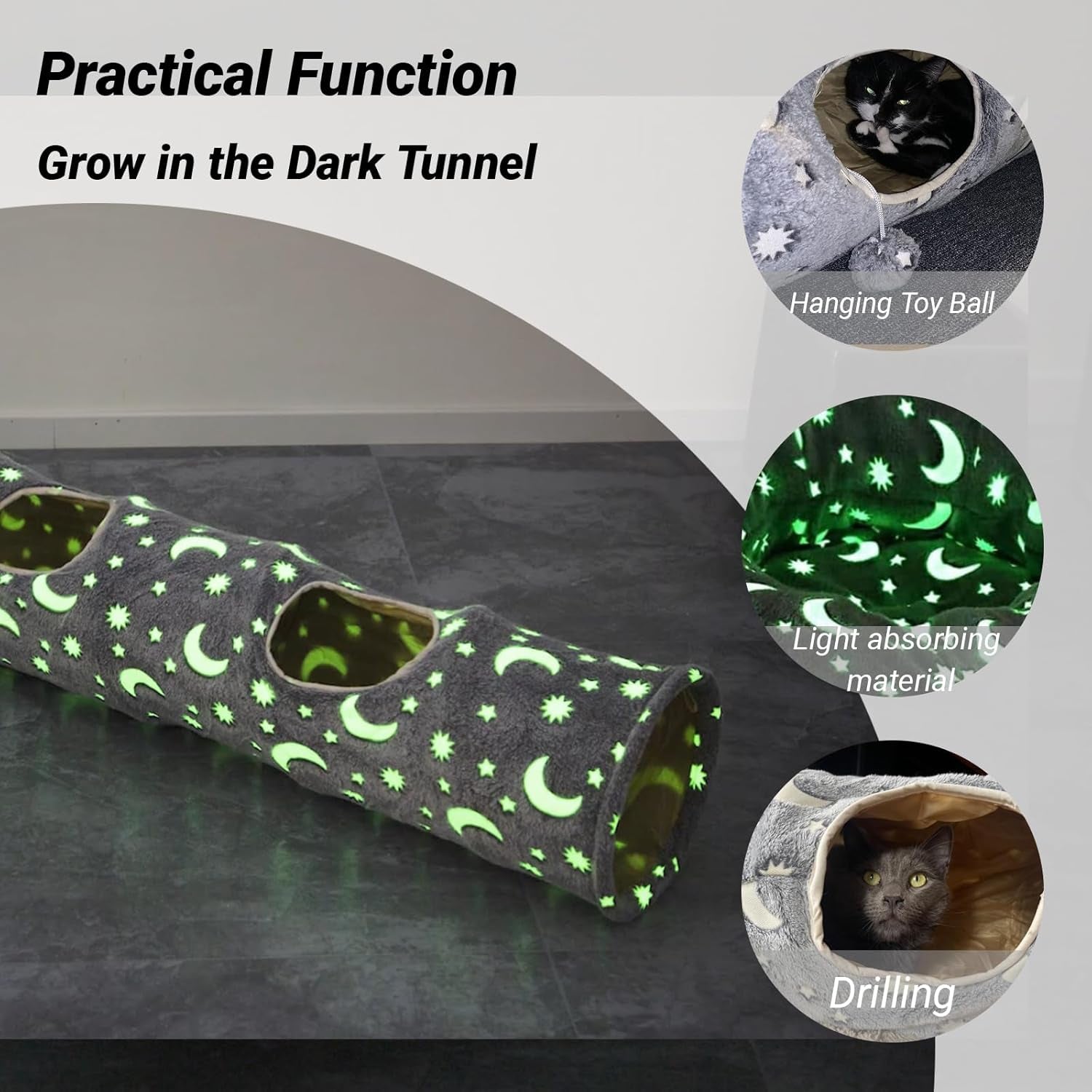 LUCKITTY Collapsible Cat Tunnel with Plush Ball Toys, Photoluminescent Design for Small Pets including Kittens, Rabbits, Ferrets, and Puppies - Grey Moon and Star Theme