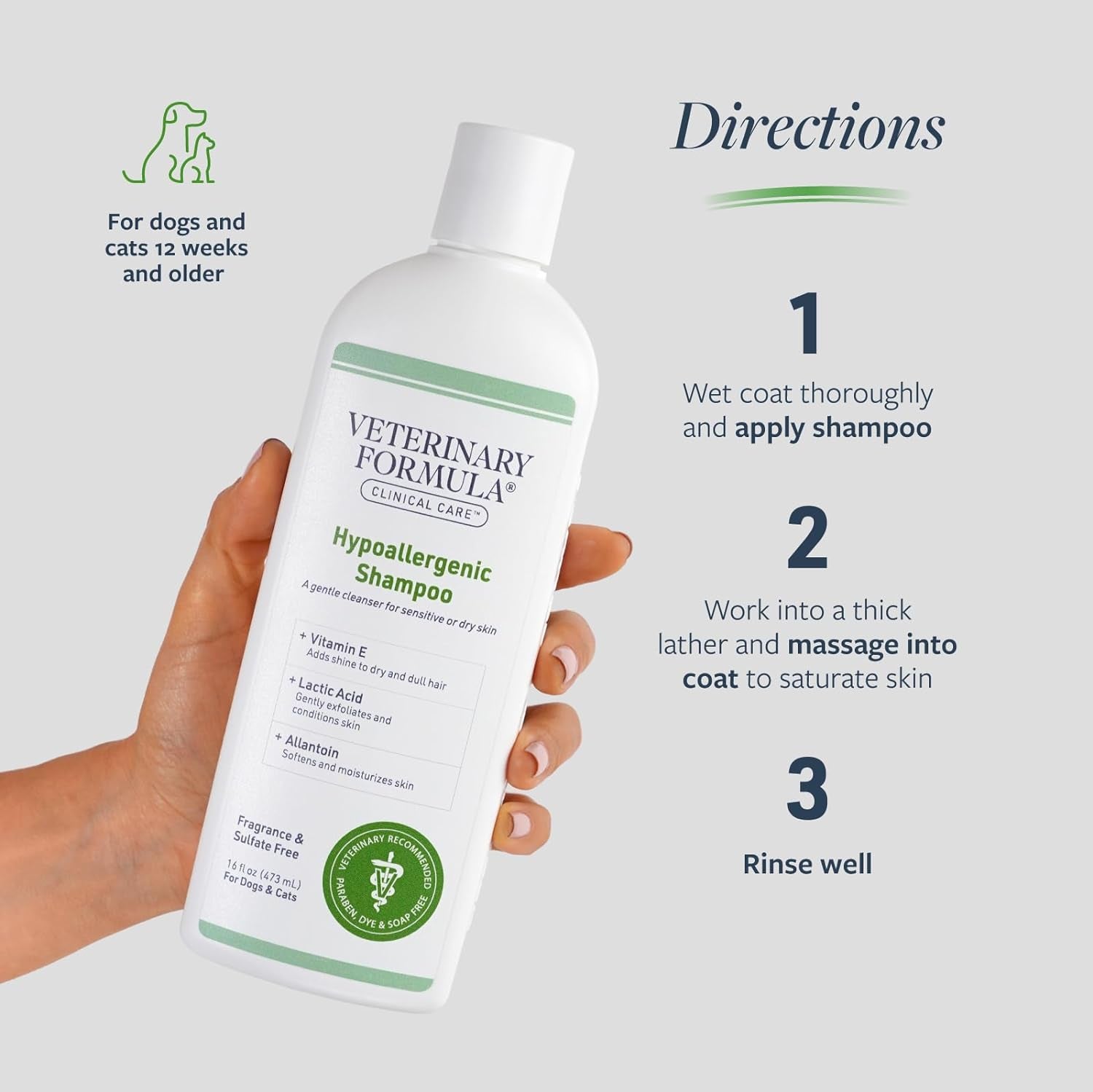 Veterinary Formula Clinical Care Hypoallergenic Shampoo for Dogs and Cats, 16 oz - Gentle, Fragrance-Free Formula for Allergies and Sensitive Skin, Promotes Healthy Skin and Coat