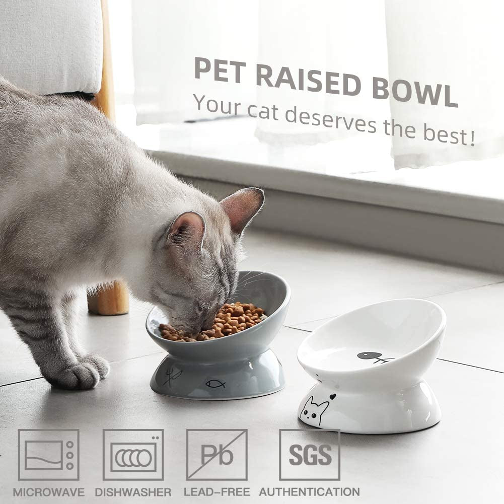 Sweejar Elevated Ceramic Cat Bowls, Slanted Porcelain Feeder for Food and Water, Spine-Protection Design with Backflow Prevention (Gray)