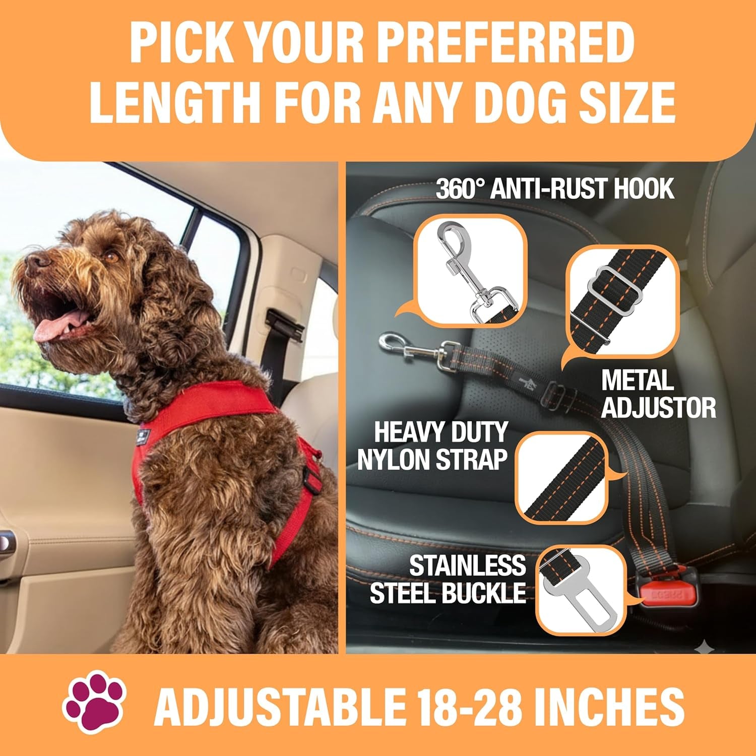 Active Pets Adjustable Orange Dog Car Seat Belt, Compatible with Harnesses and Collars, 18