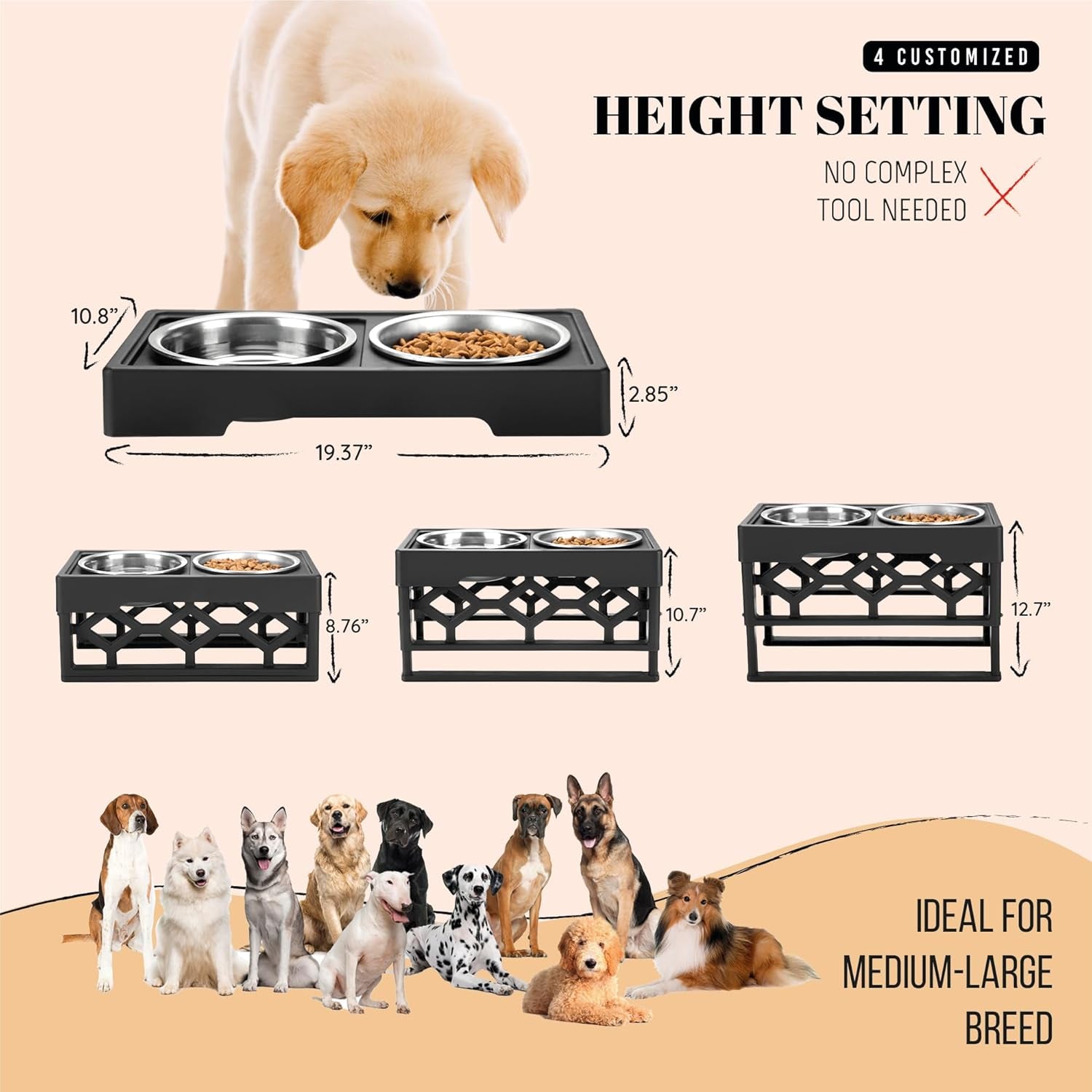 Elevated Large Dog Bowl Set with Adjustable Height Stand and Stainless Steel Bowls - Anti-Slip Feeding Station for Medium to Large Breeds